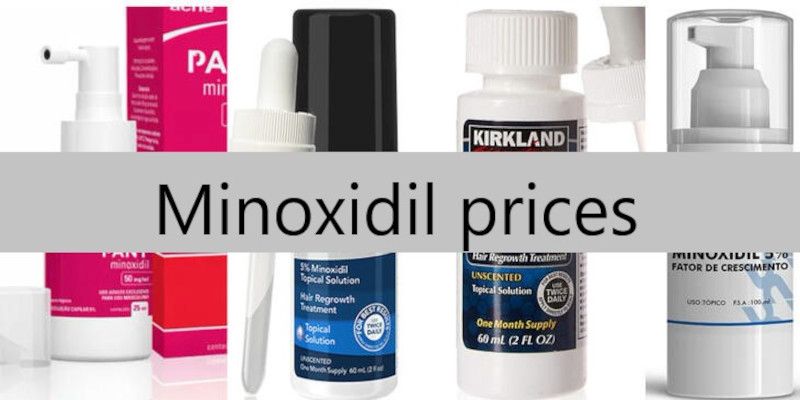 Picture of different brands of minoxidil with the sentence “Minoxidil prices” written in front.